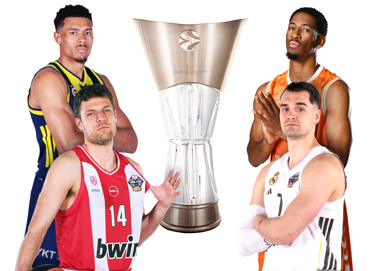Sechs Spieler aus der EuroLeague blicken fokussiert in die Kamera.